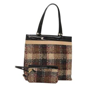 BURBERRY Nova Check Tote Bag Wool Beige Black gold Auth